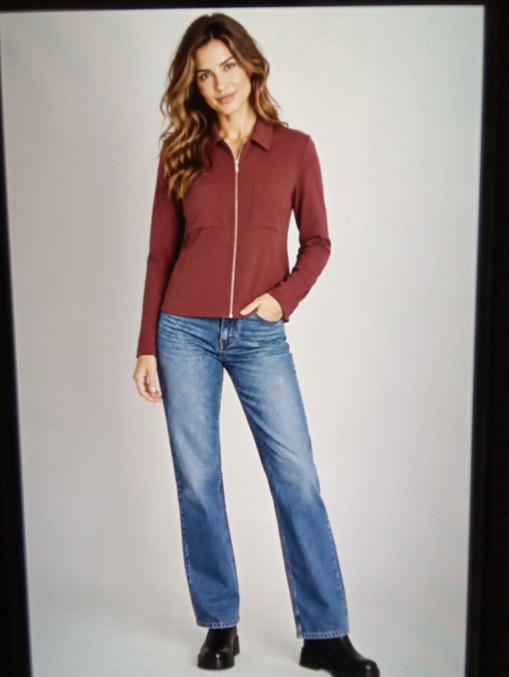 The Kooples Sports Burgundy Zip Front Mixed Media Long Sleeve Shirt Blouse Sz M